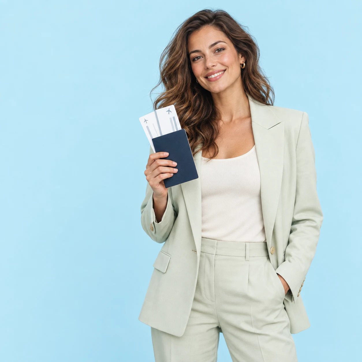 Smiling traveler holding her passport and boarding passes